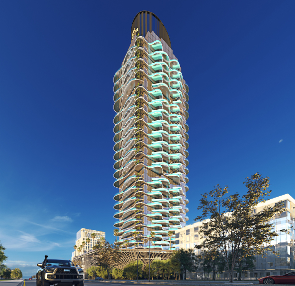 A luxury residential tower in a connected family community